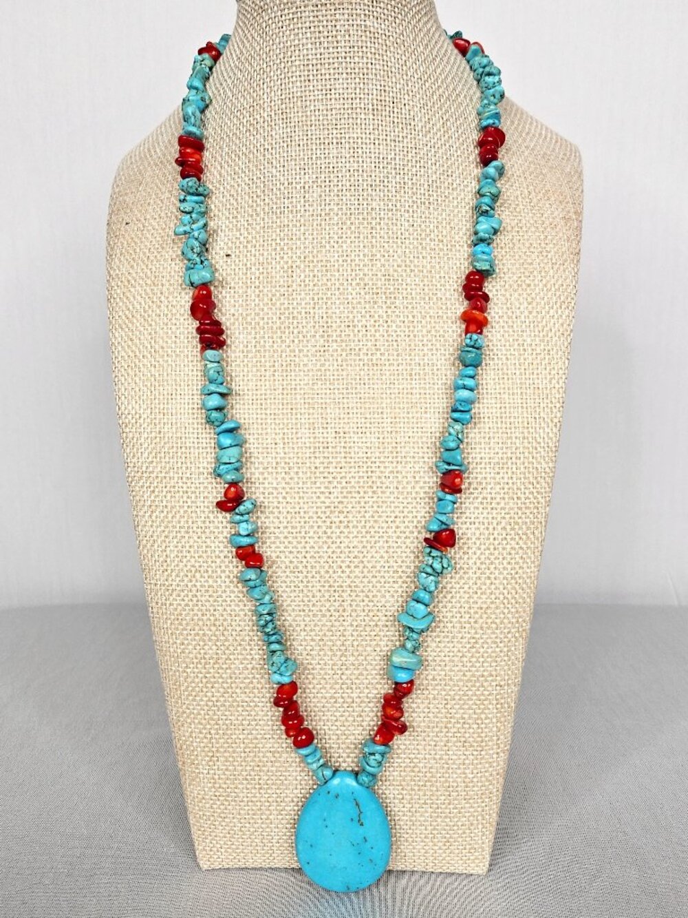 Southwestern Blue Stone Necklace | Red Beads | Large Pendant | 24"